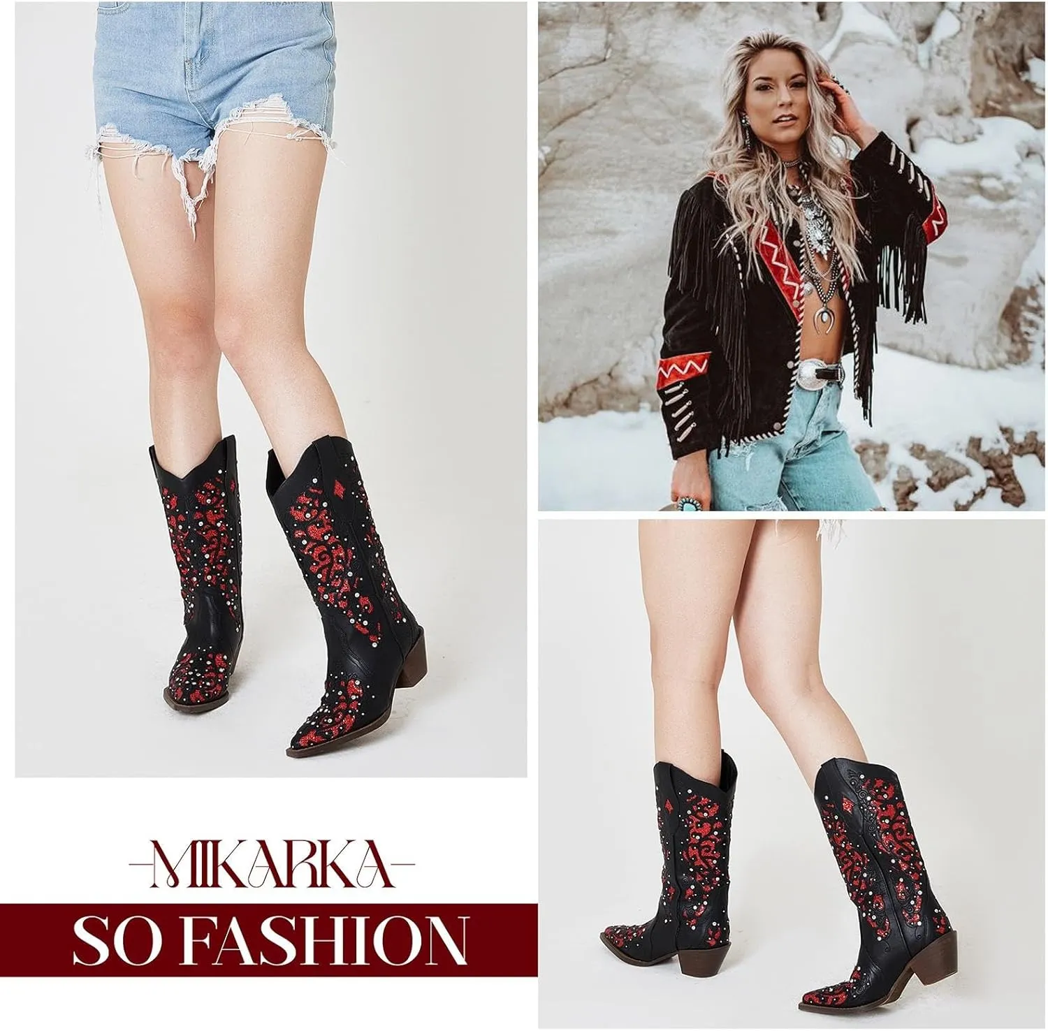 mikarka Inlay Glitter Cowgirl Cowboy Boots for Women Embroidered Pointed Toe Sparkly Rhinestone Western Boots Country Concert Mid Knee High Boots
