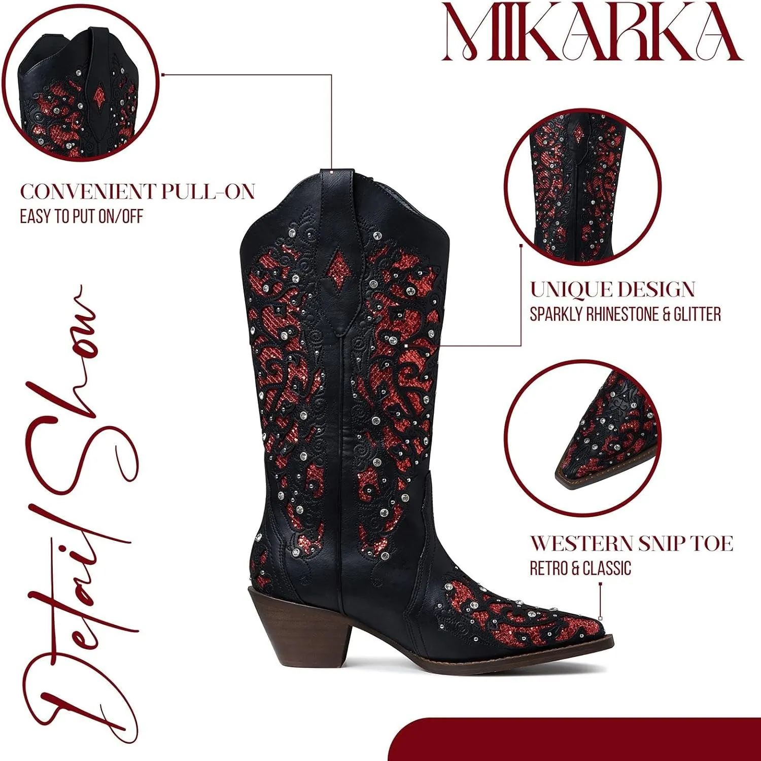 mikarka Inlay Glitter Cowgirl Cowboy Boots for Women Embroidered Pointed Toe Sparkly Rhinestone Western Boots Country Concert Mid Knee High Boots