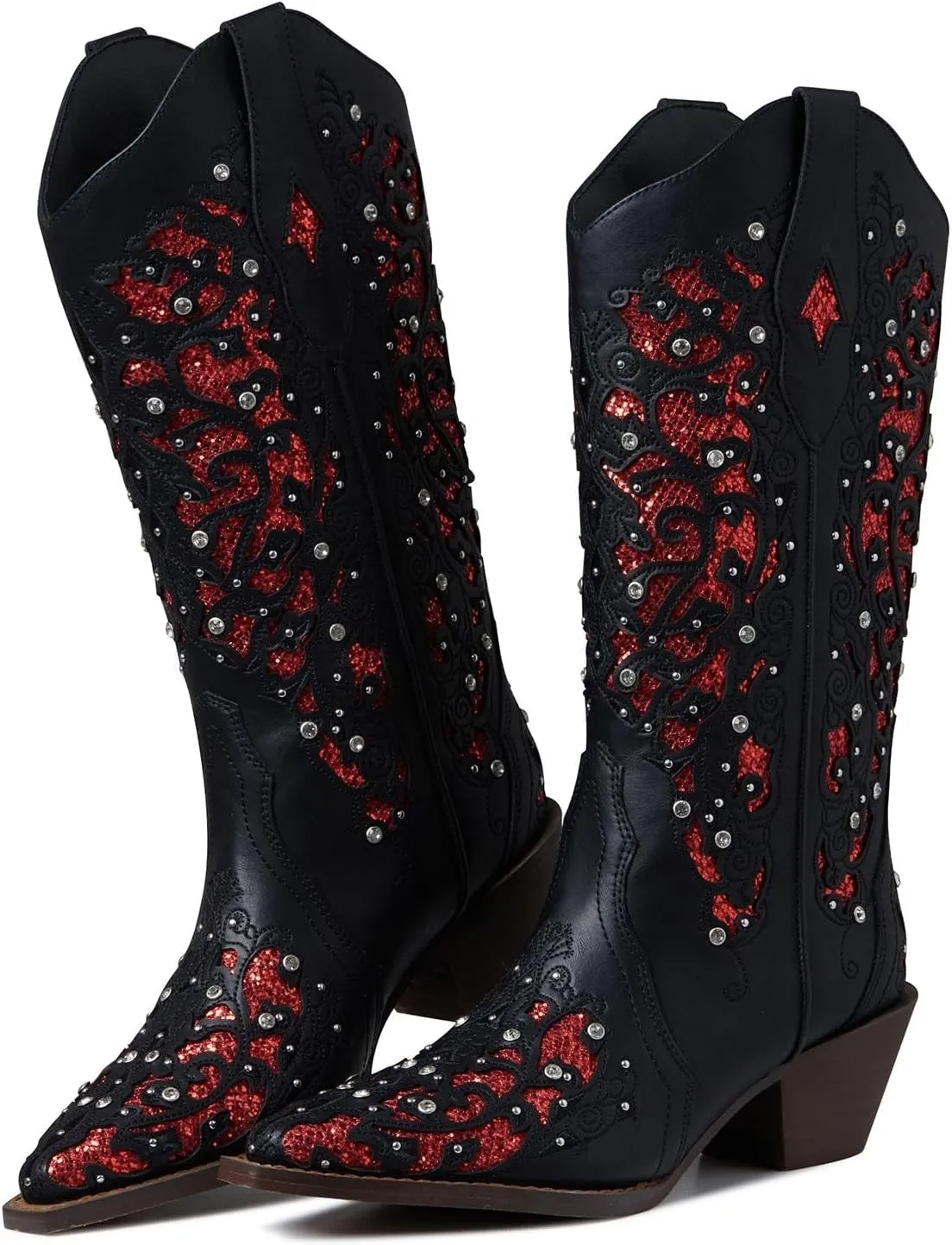mikarka Inlay Glitter Cowgirl Cowboy Boots for Women Embroidered Pointed Toe Sparkly Rhinestone Western Boots Country Concert Mid Knee High Boots