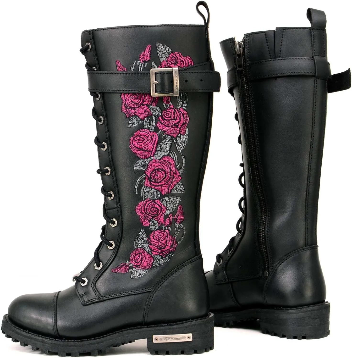 Milwaukee Leather Women's Black Leather 14-Inch Knee High Tall Motorcycle Boots Lace-Up w/Embroidery MBL9356 MBL9357