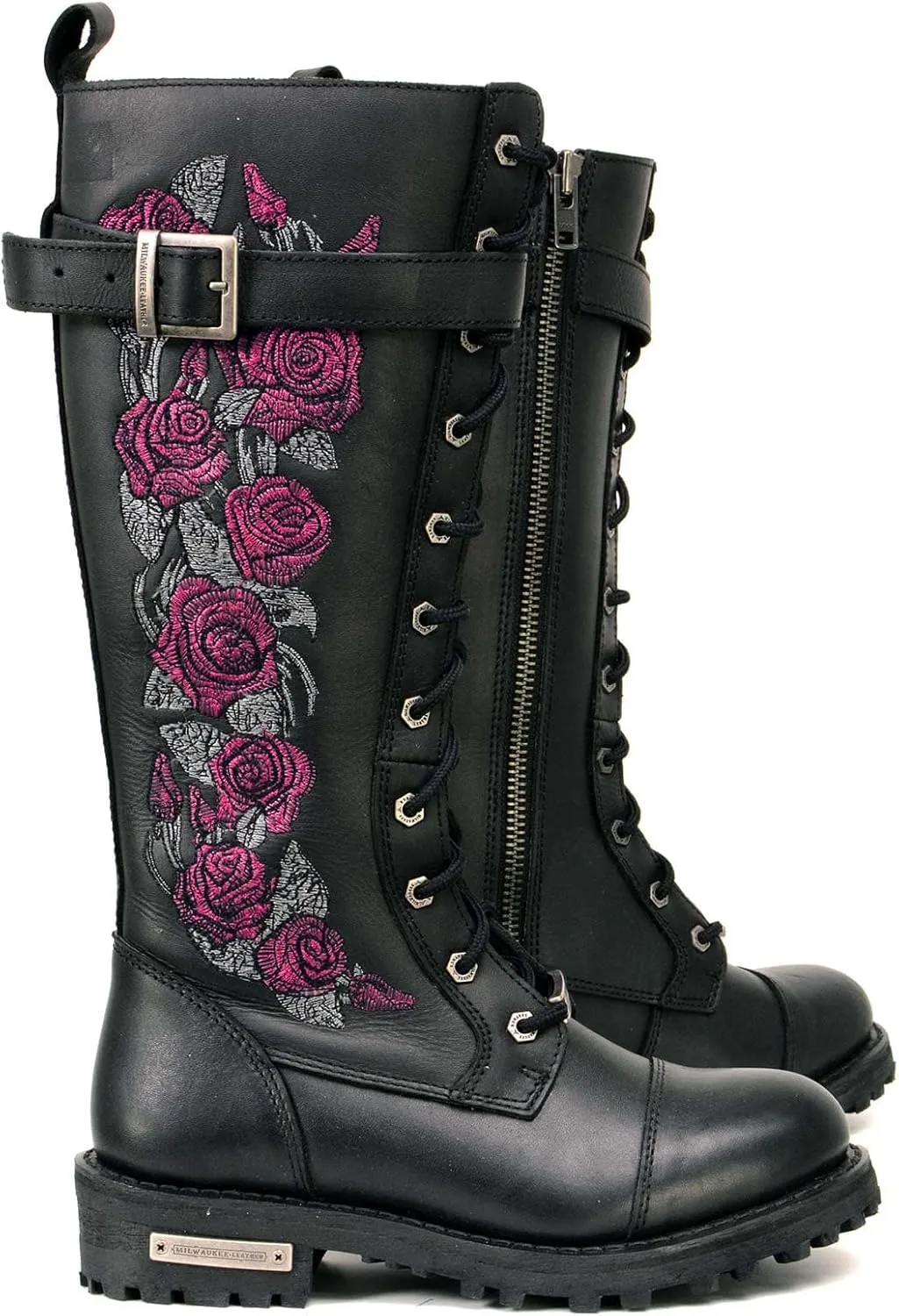 Milwaukee Leather Women's Black Leather 14-Inch Knee High Tall Motorcycle Boots Lace-Up w/Embroidery MBL9356 MBL9357
