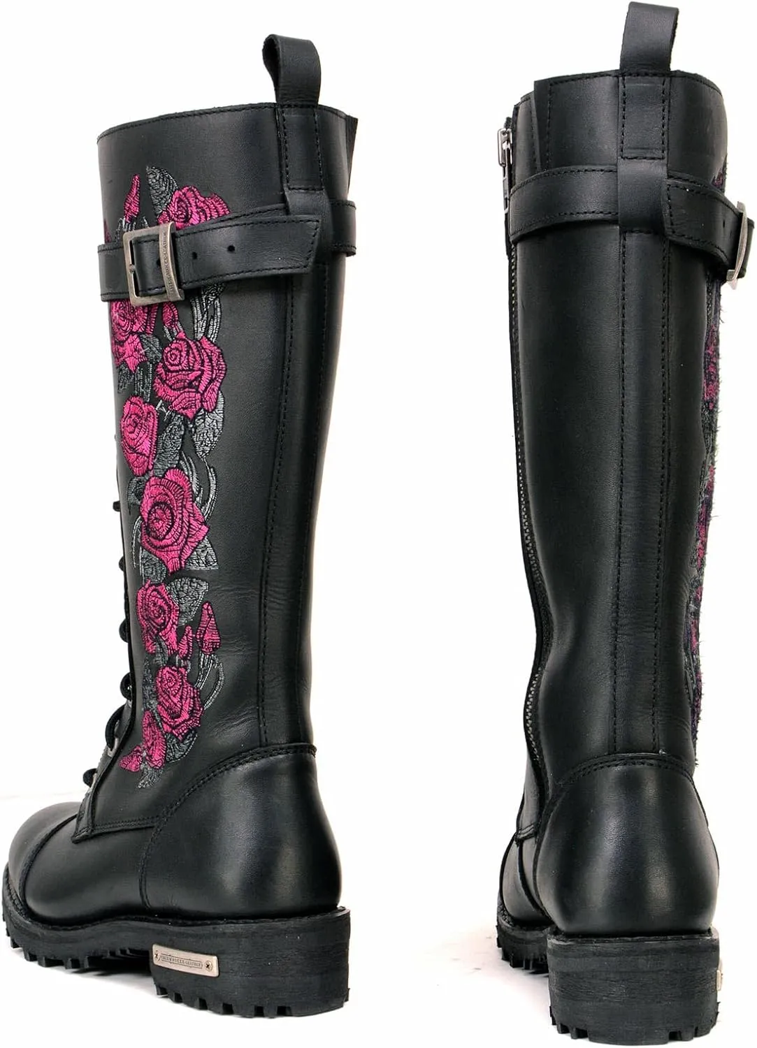 Milwaukee Leather Women's Black Leather 14-Inch Knee High Tall Motorcycle Boots Lace-Up w/Embroidery MBL9356 MBL9357