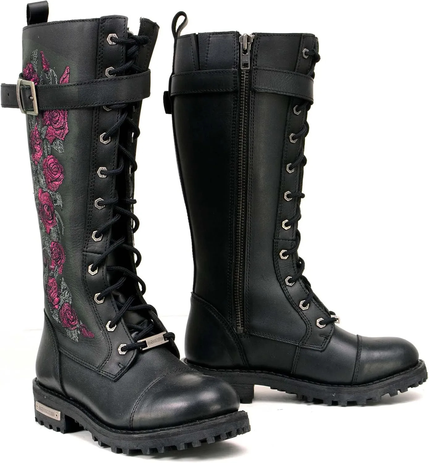 Milwaukee Leather Women's Black Leather 14-Inch Knee High Tall Motorcycle Boots Lace-Up w/Embroidery MBL9356 MBL9357