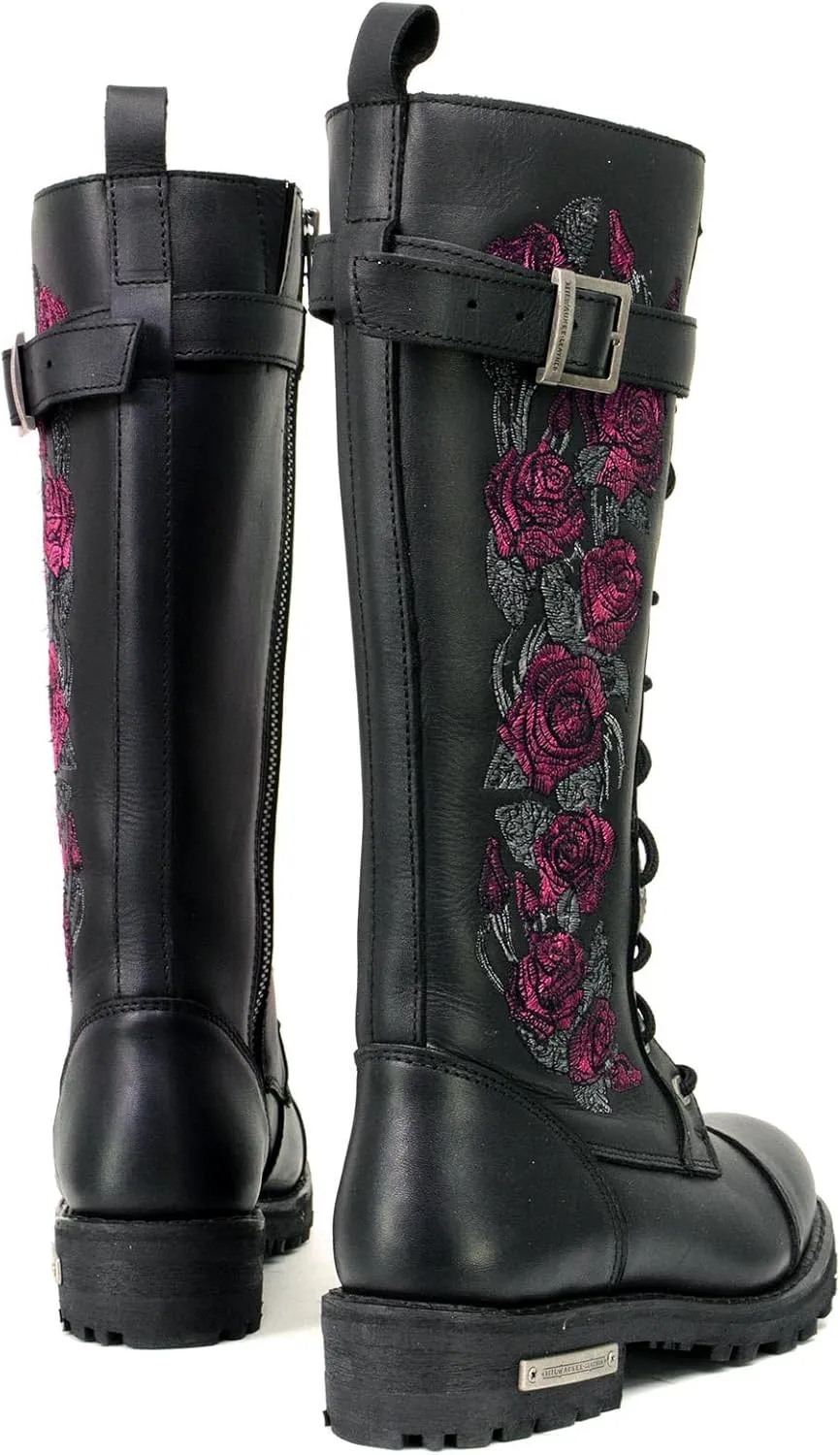 Milwaukee Leather Women's Black Leather 14-Inch Knee High Tall Motorcycle Boots Lace-Up w/Embroidery MBL9356 MBL9357