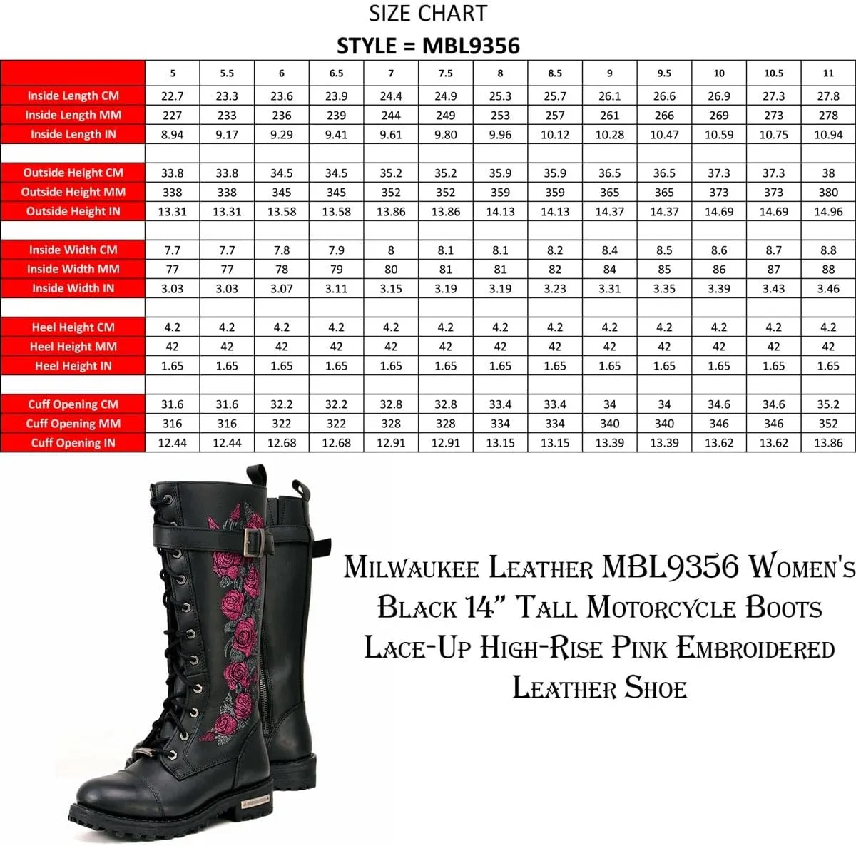 Milwaukee Leather Women's Black Leather 14-Inch Knee High Tall Motorcycle Boots Lace-Up w/Embroidery MBL9356 MBL9357