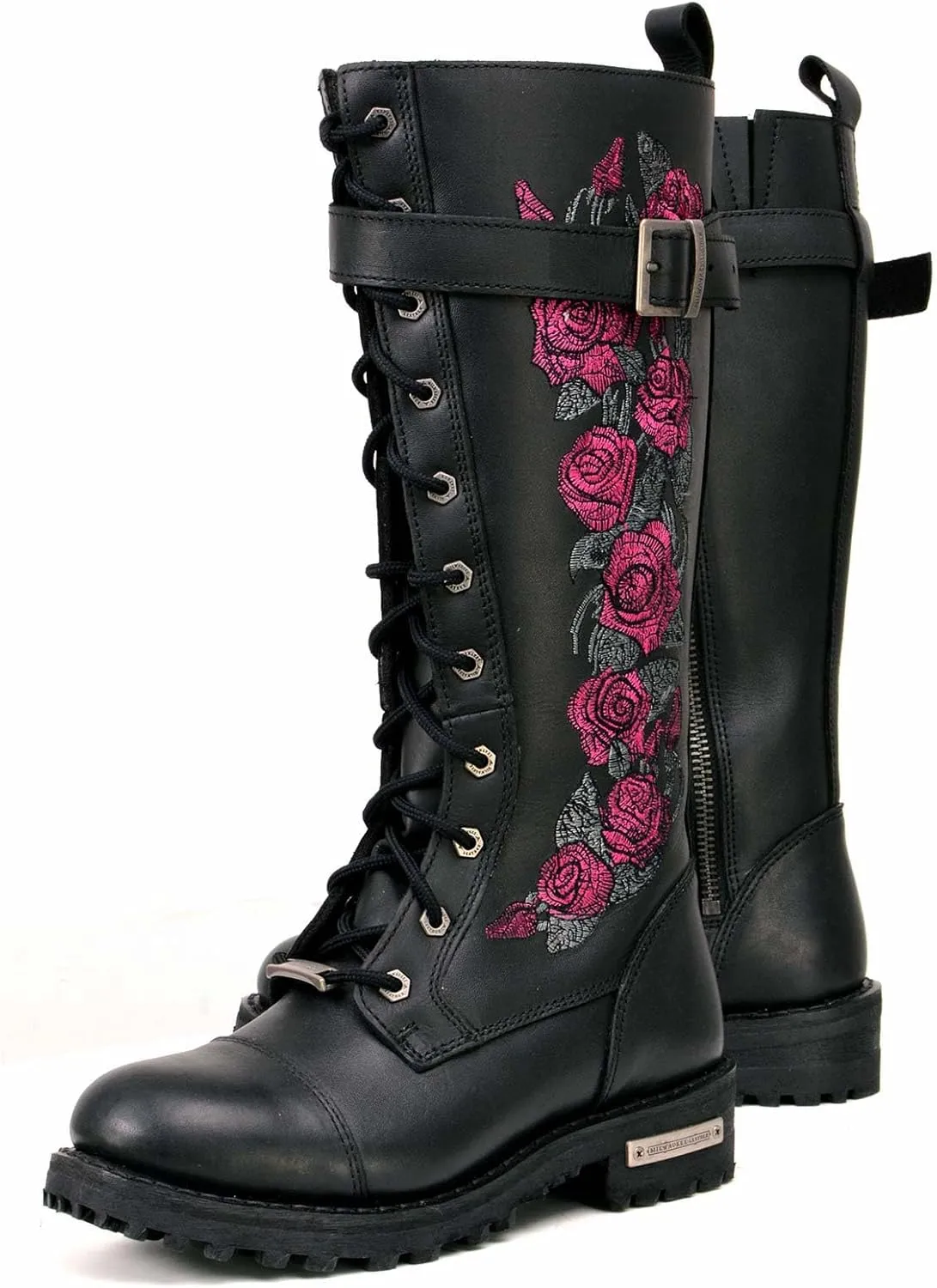Milwaukee Leather Women's Black Leather 14-Inch Knee High Tall Motorcycle Boots Lace-Up w/Embroidery MBL9356 MBL9357