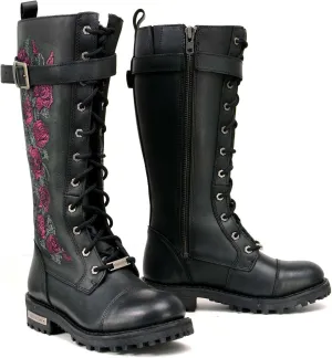 Milwaukee Leather Women's Black Leather 14-Inch Knee High Tall Motorcycle Boots Lace-Up w/Embroidery MBL9356 MBL9357