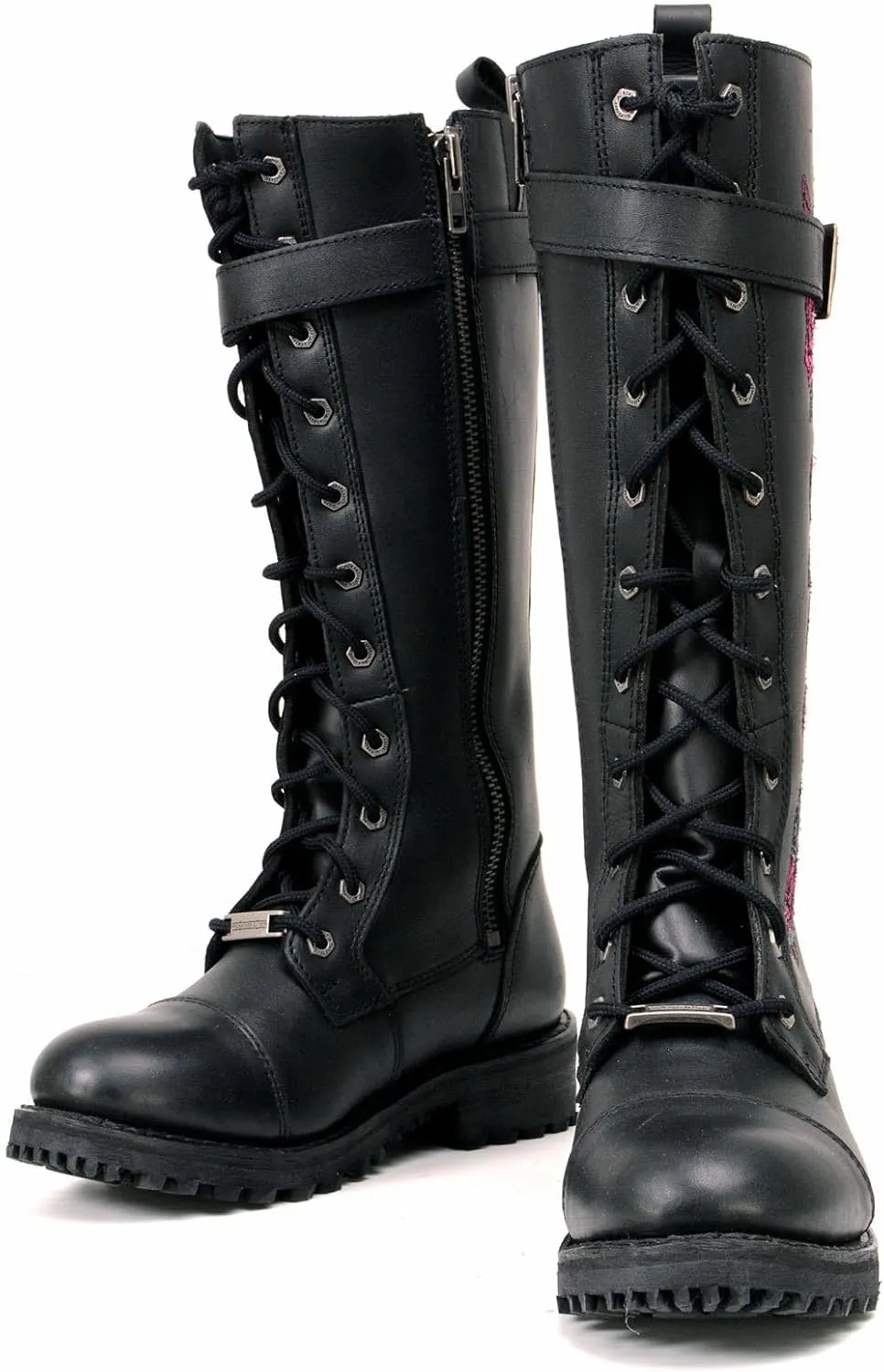 Milwaukee Leather Women's Black Leather 14-Inch Knee High Tall Motorcycle Boots Lace-Up w/Embroidery MBL9356 MBL9357
