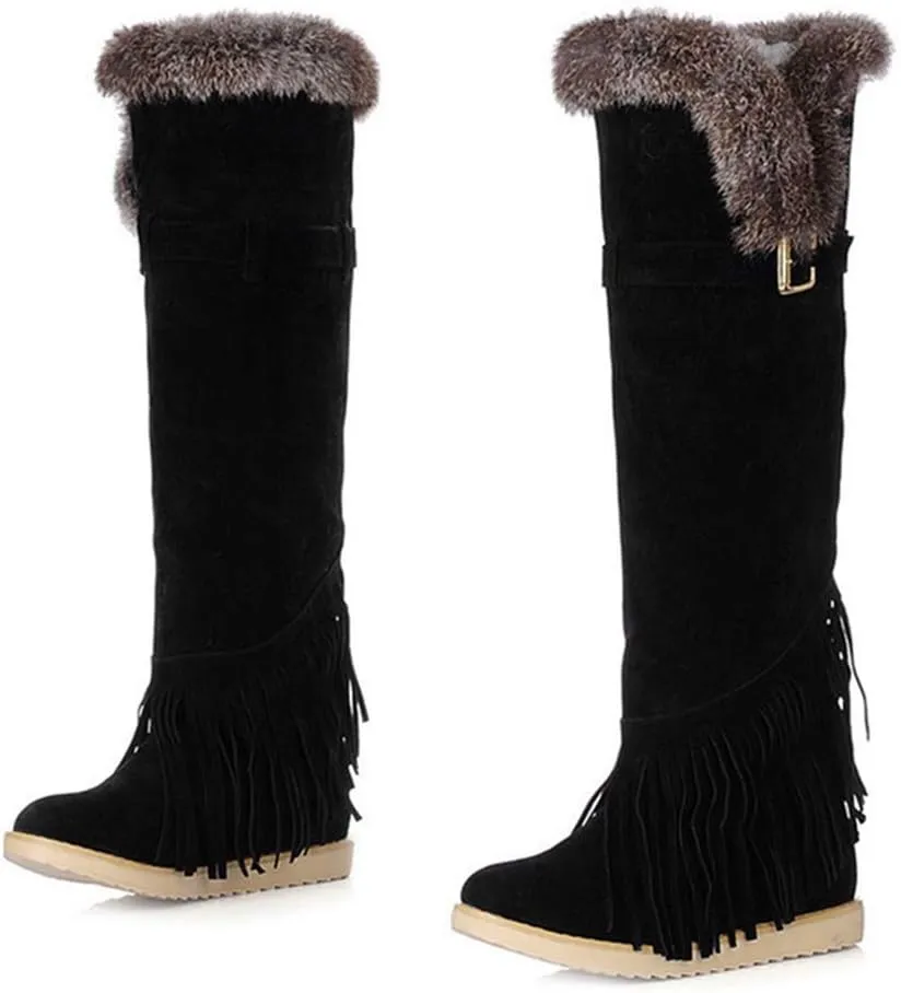 MIOKE Women's Winter Knee High Tall Snow Boots Fashion Buckle Fringe Waterproof Warm Fur Wide Calf Snow Boot