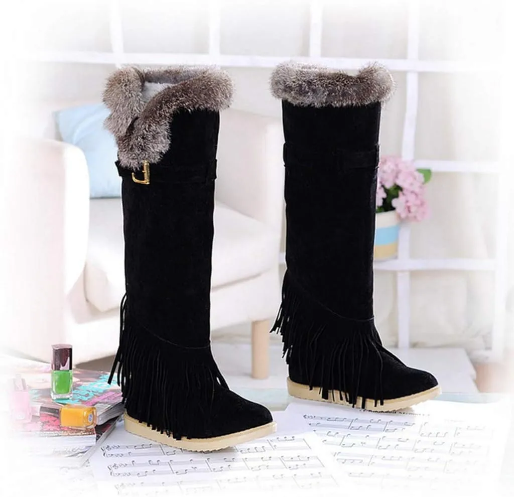 MIOKE Women's Winter Knee High Tall Snow Boots Fashion Buckle Fringe Waterproof Warm Fur Wide Calf Snow Boot