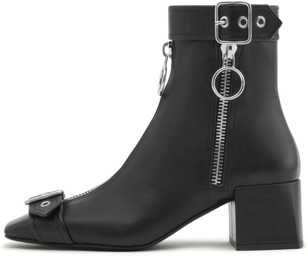 miss left Women Chic Squared Toe Strap Buckles Ankle Boots Double Zippers Low Thick Heel Short Booties Formal Business Office Shoes Size 4-16 US
