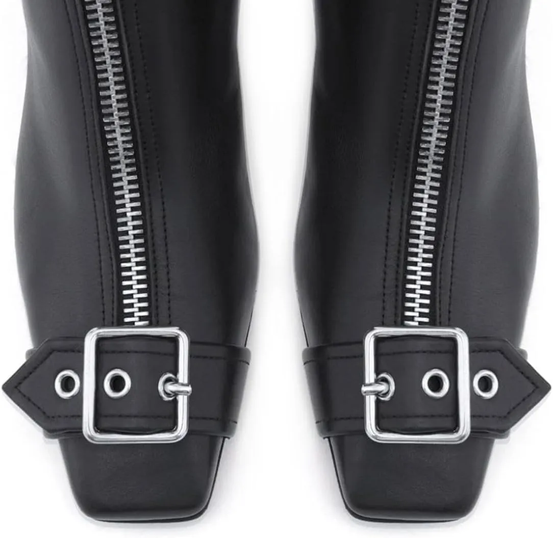 miss left Women Chic Squared Toe Strap Buckles Ankle Boots Double Zippers Low Thick Heel Short Booties Formal Business Office Shoes Size 4-16 US