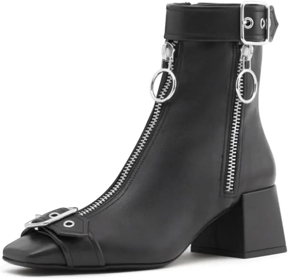 miss left Women Chic Squared Toe Strap Buckles Ankle Boots Double Zippers Low Thick Heel Short Booties Formal Business Office Shoes Size 4-16 US