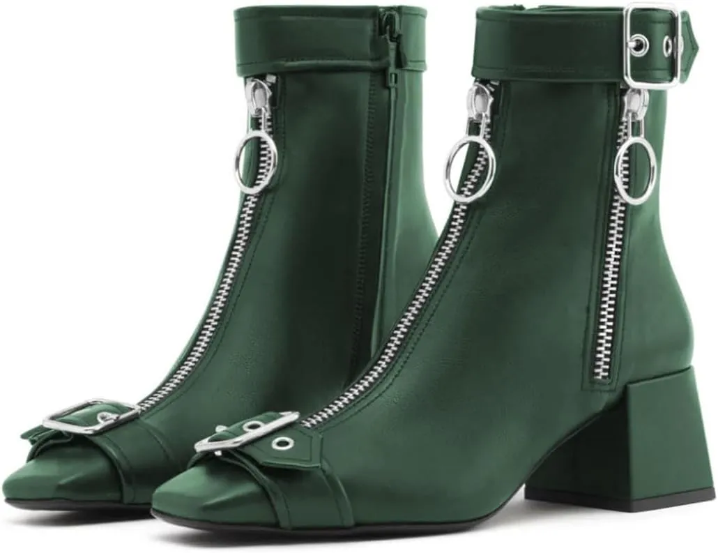 miss left Women Chic Squared Toe Strap Buckles Ankle Boots Double Zippers Low Thick Heel Short Booties Formal Business Office Shoes Size 4-16 US
