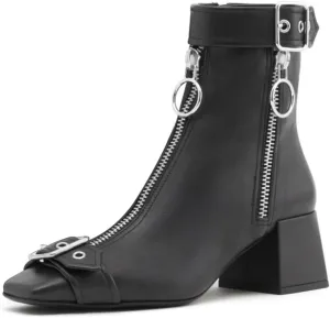 miss left Women Chic Squared Toe Strap Buckles Ankle Boots Double Zippers Low Thick Heel Short Booties Formal Business Office Shoes Size 4-16 US