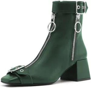 miss left Women Chic Squared Toe Strap Buckles Ankle Boots Double Zippers Low Thick Heel Short Booties Formal Business Office Shoes Size 4-16 US