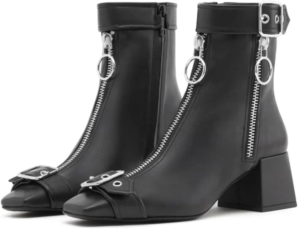 miss left Women Chic Squared Toe Strap Buckles Ankle Boots Double Zippers Low Thick Heel Short Booties Formal Business Office Shoes Size 4-16 US