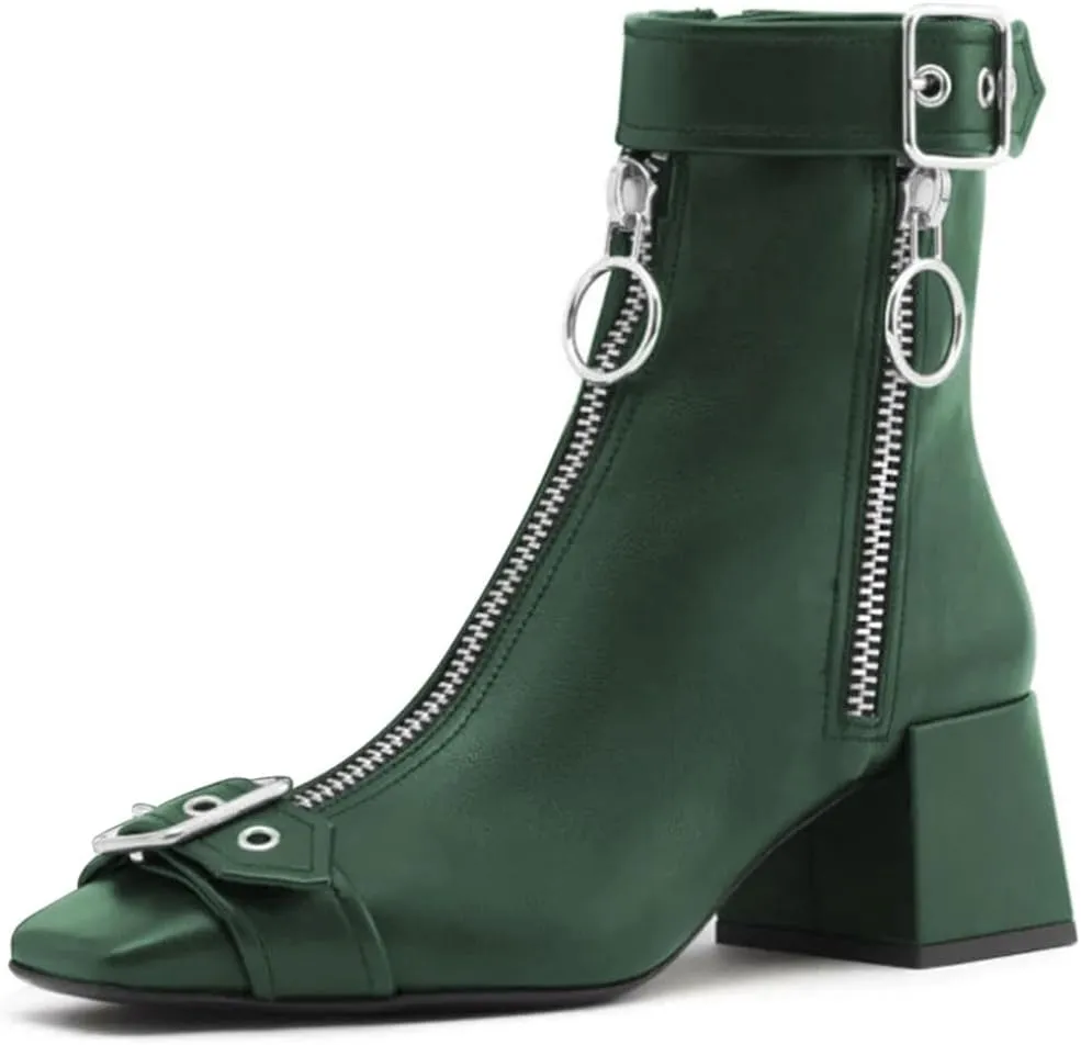 miss left Women Chic Squared Toe Strap Buckles Ankle Boots Double Zippers Low Thick Heel Short Booties Formal Business Office Shoes Size 4-16 US