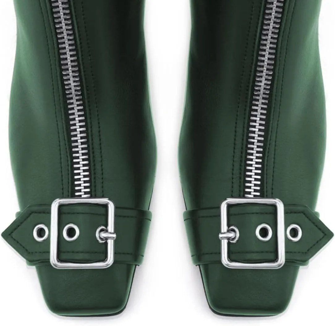 miss left Women Chic Squared Toe Strap Buckles Ankle Boots Double Zippers Low Thick Heel Short Booties Formal Business Office Shoes Size 4-16 US