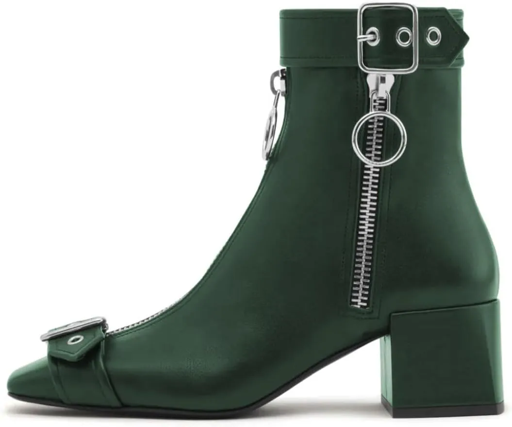 miss left Women Chic Squared Toe Strap Buckles Ankle Boots Double Zippers Low Thick Heel Short Booties Formal Business Office Shoes Size 4-16 US