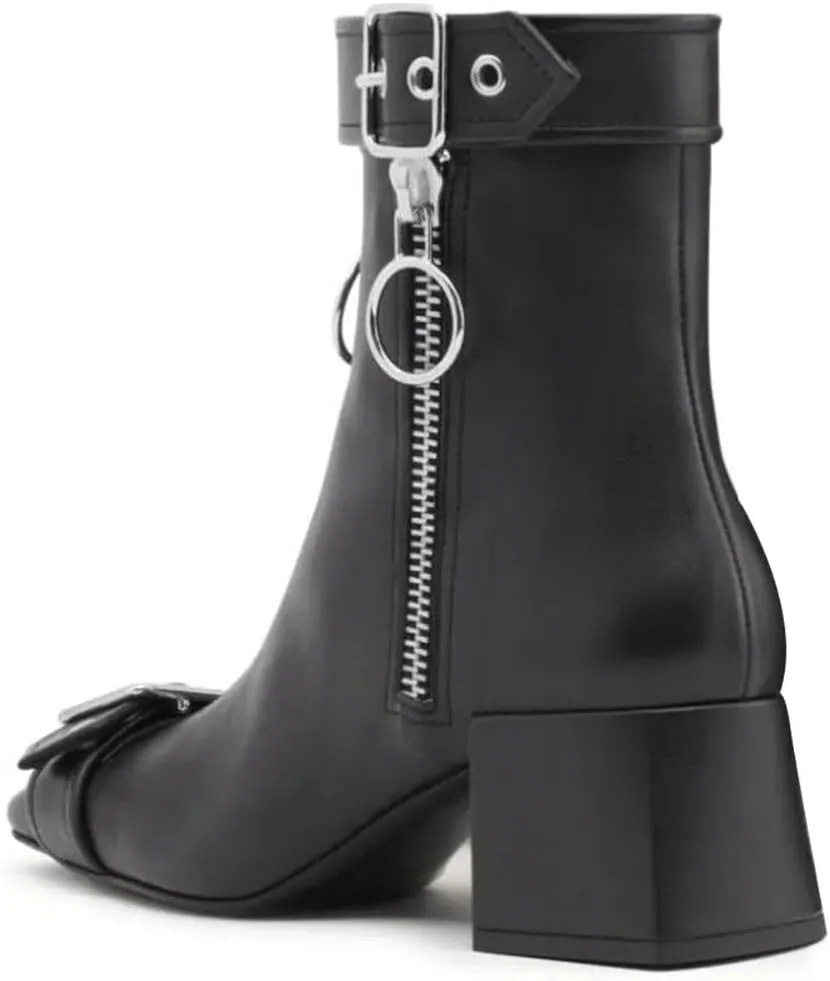 miss left Women Chic Squared Toe Strap Buckles Ankle Boots Double Zippers Low Thick Heel Short Booties Formal Business Office Shoes Size 4-16 US