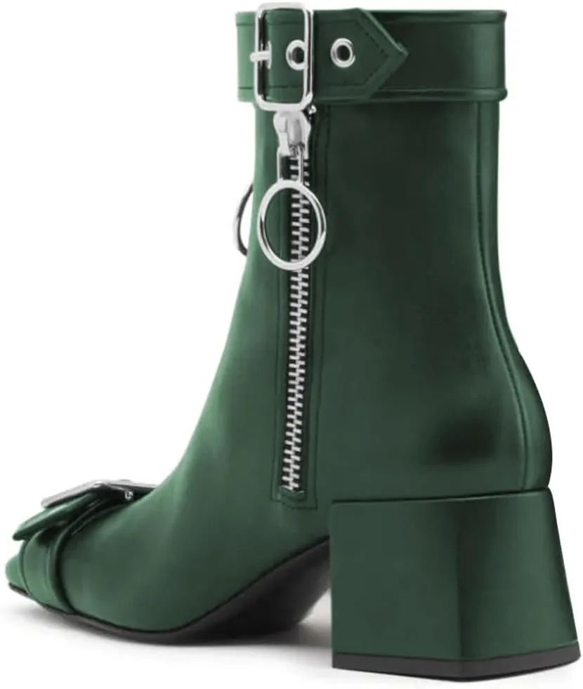 miss left Women Chic Squared Toe Strap Buckles Ankle Boots Double Zippers Low Thick Heel Short Booties Formal Business Office Shoes Size 4-16 US