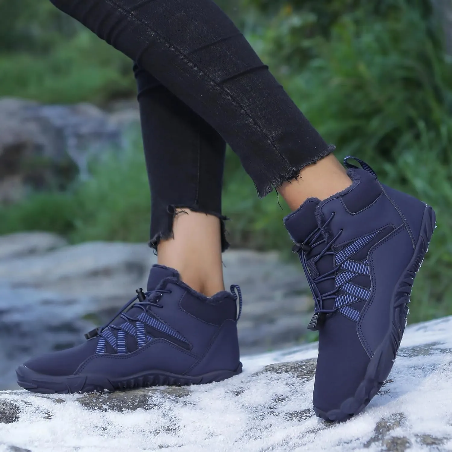 Mmoneyake Winter Snow Shoes for Women Men Warm Fur Lined Waterproof Snow Sneakers Wide Toe Box Zero Drop Ankle Booties Non-Slip Barefoot Outdoor Shoes Fashion Short Boots