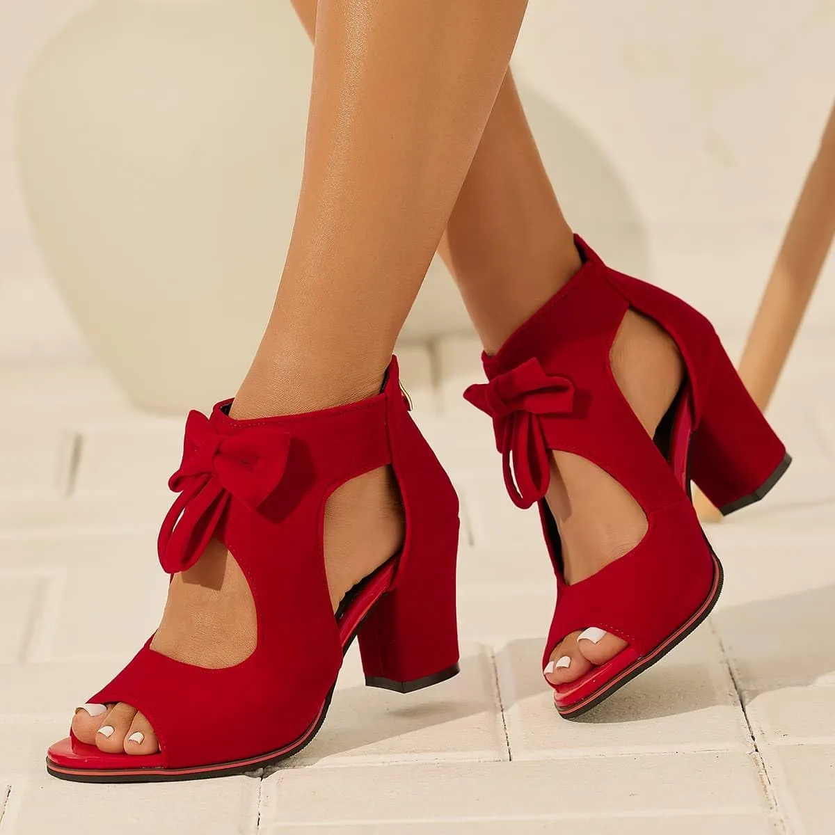 Monrovia Women's Bows Chunky High Heels Sandals Comfortable Open Toe Ankle Cutout Back Zip Sandals Fashion Summer Dress Party Shoes