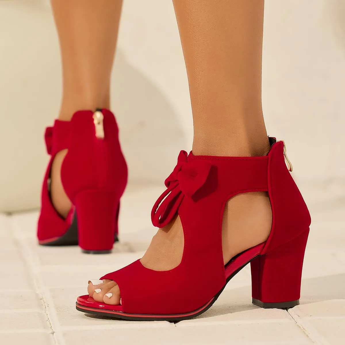 Monrovia Women's Bows Chunky High Heels Sandals Comfortable Open Toe Ankle Cutout Back Zip Sandals Fashion Summer Dress Party Shoes