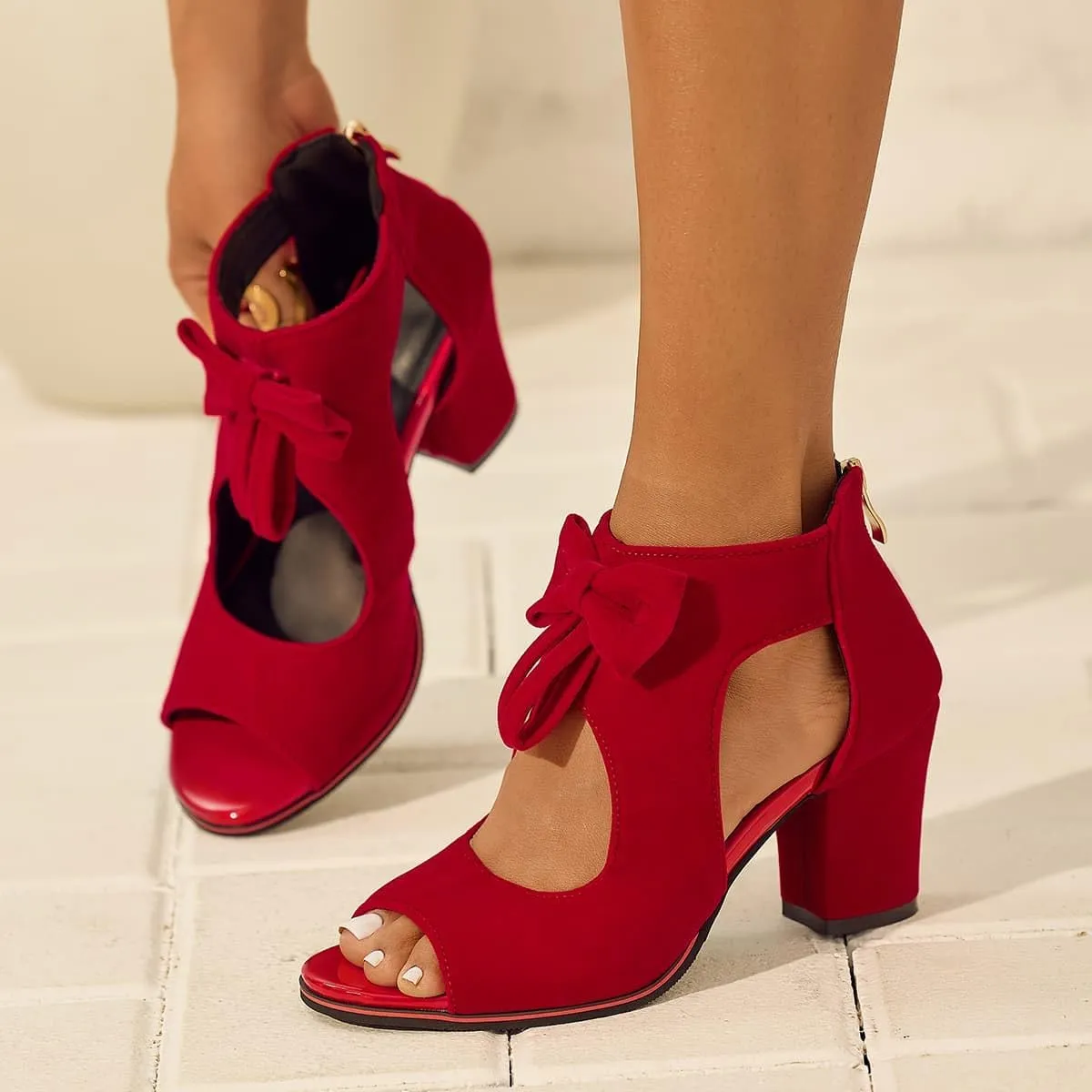 Monrovia Women's Bows Chunky High Heels Sandals Comfortable Open Toe Ankle Cutout Back Zip Sandals Fashion Summer Dress Party Shoes