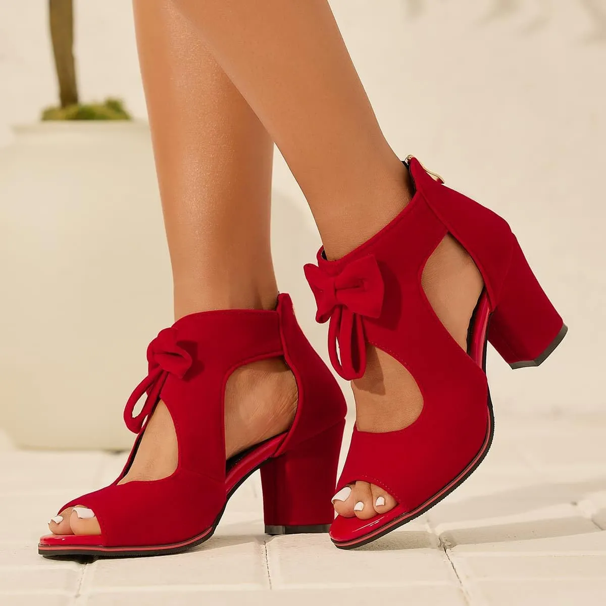 Monrovia Women's Bows Chunky High Heels Sandals Comfortable Open Toe Ankle Cutout Back Zip Sandals Fashion Summer Dress Party Shoes