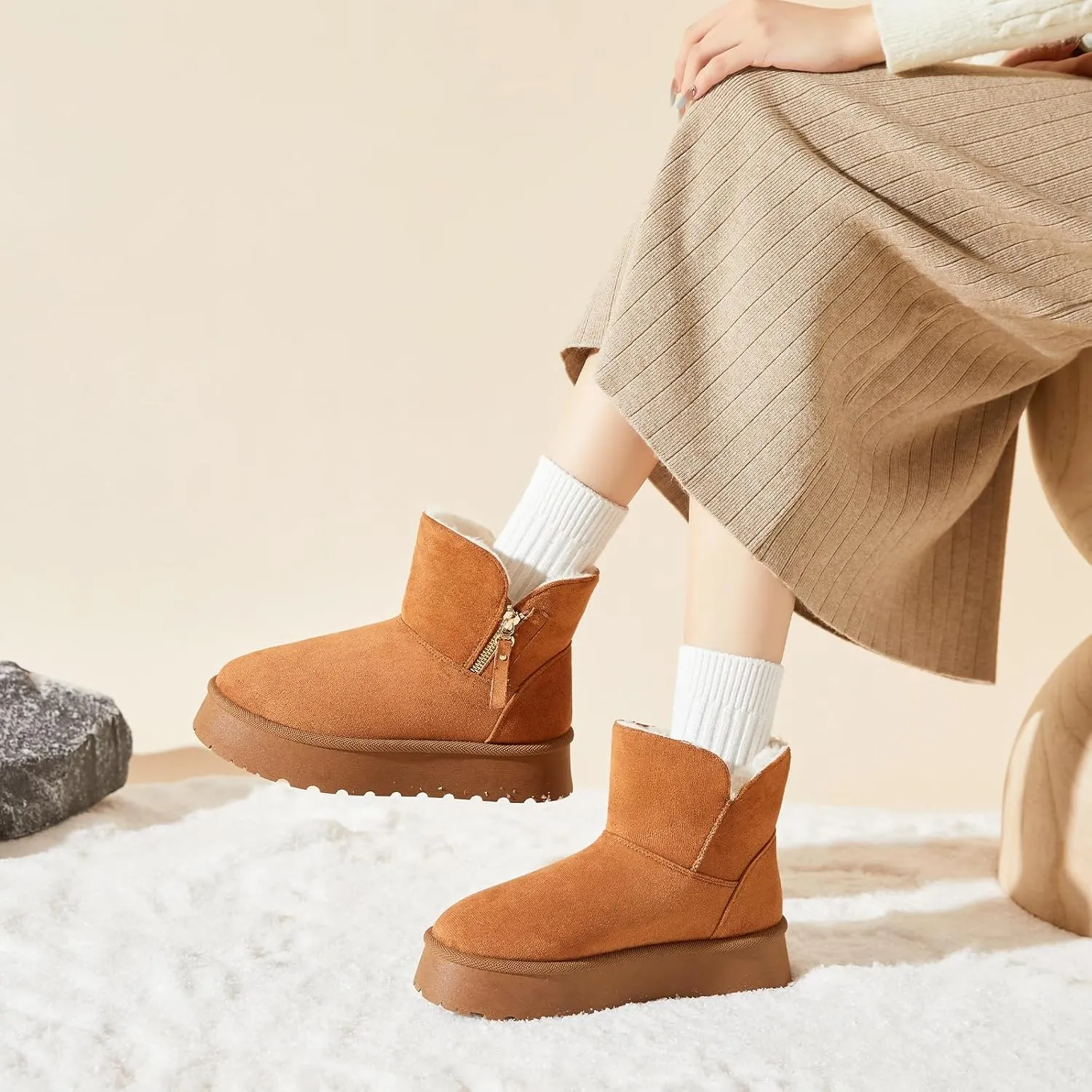 Moudki Winter Boots for Women Warm Fur Lined Booties Platform Snow Boots for Women Ankle Booties Anti-Slip Outdoor Snow Boots