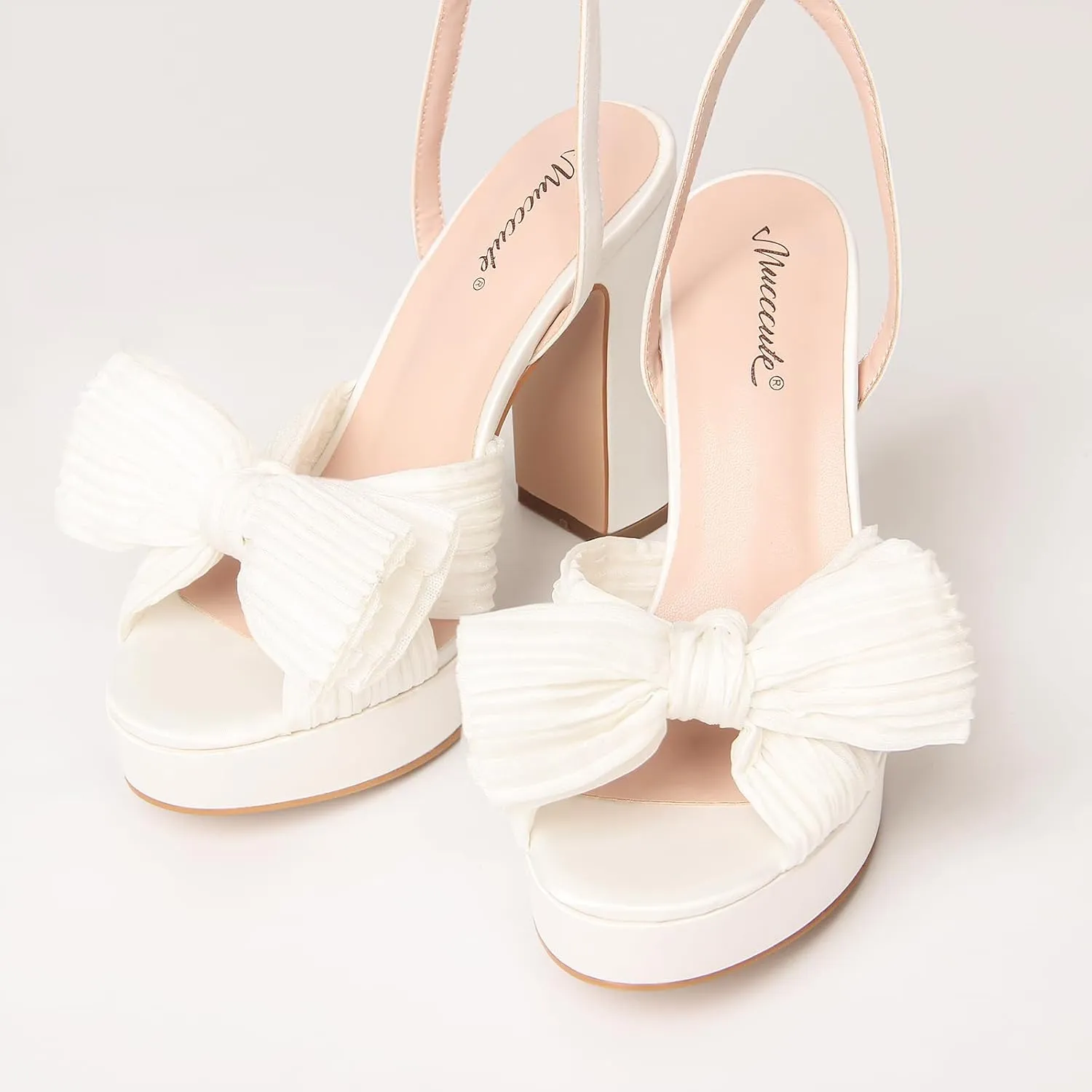 MUCCCUTE Bow Heels for Women Chunky Platform Heels with Ankle Strap Open Toe Heeled Sandals Bridal Wedding Dressy Shoes