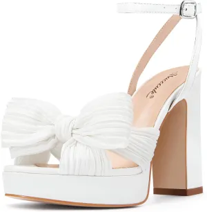 MUCCCUTE Bow Heels for Women Chunky Platform Heels with Ankle Strap Open Toe Heeled Sandals Bridal Wedding Dressy Shoes