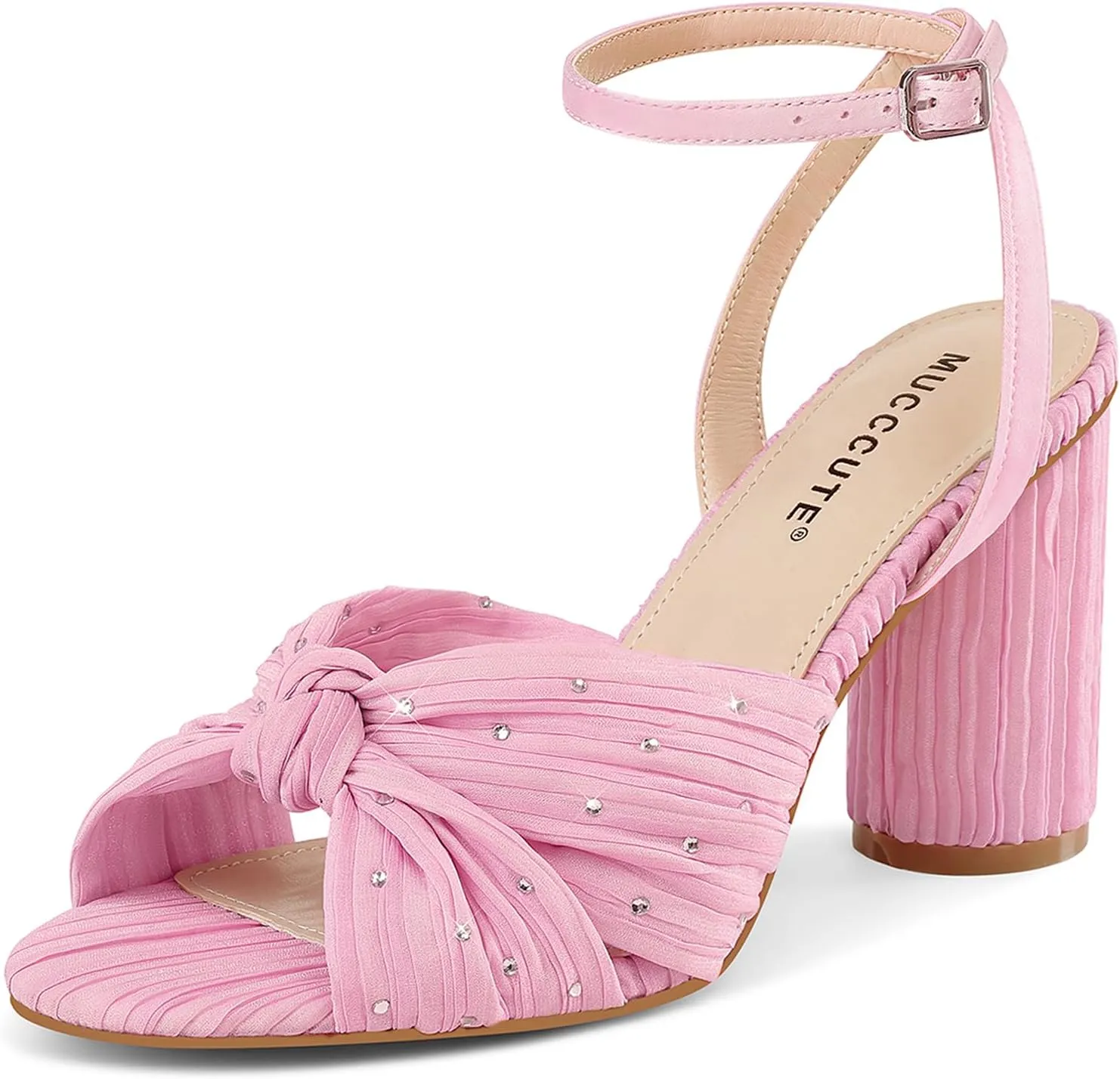 MUCCCUTE Bow Heels for Women Heeled Sandals Chunky Heel Open Toe Ankle Strap Rhinestone Wedding Bridal Dressy Heels