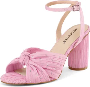 MUCCCUTE Bow Heels for Women Heeled Sandals Chunky Heel Open Toe Ankle Strap Rhinestone Wedding Bridal Dressy Heels