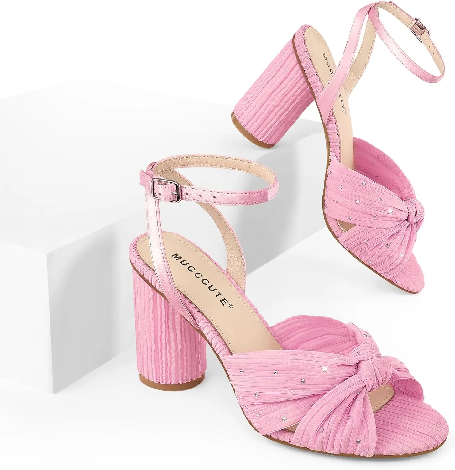 MUCCCUTE Bow Heels for Women Heeled Sandals Chunky Heel Open Toe Ankle Strap Rhinestone Wedding Bridal Dressy Heels