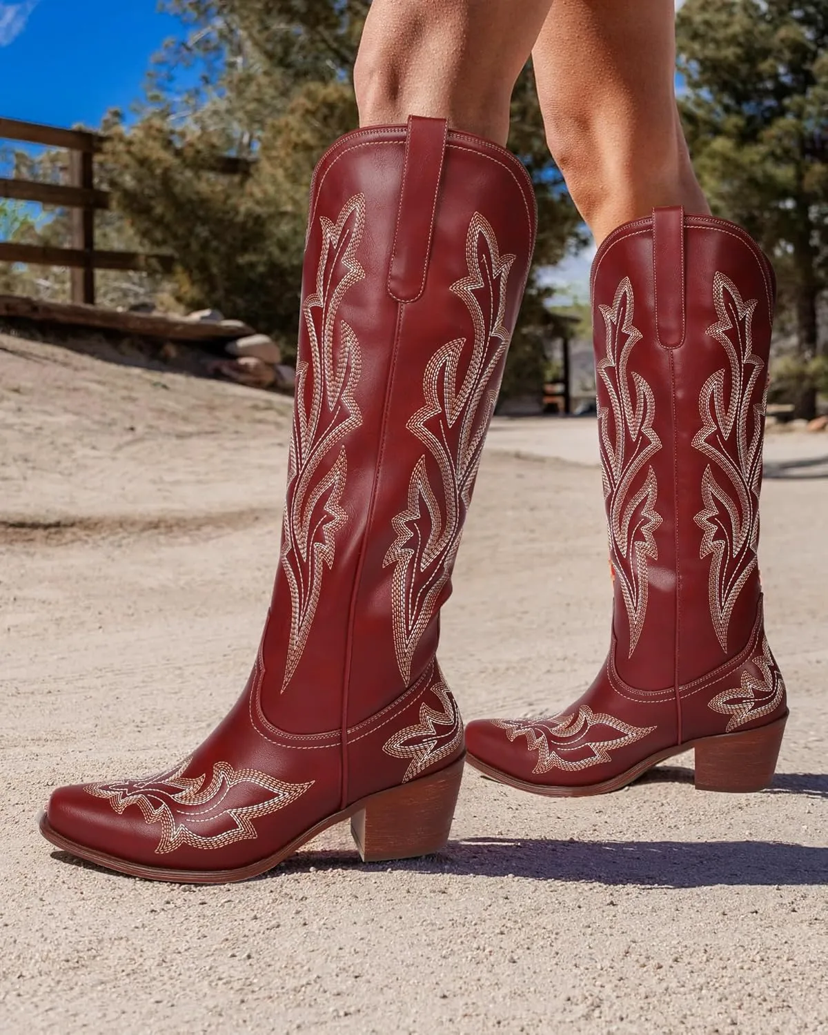 MUCCCUTE Cowboy Boots for Women Western Cowgirl Boots Knee High Pointed Toe Chunky Heels Embroidered Pull On Country Tall Boots