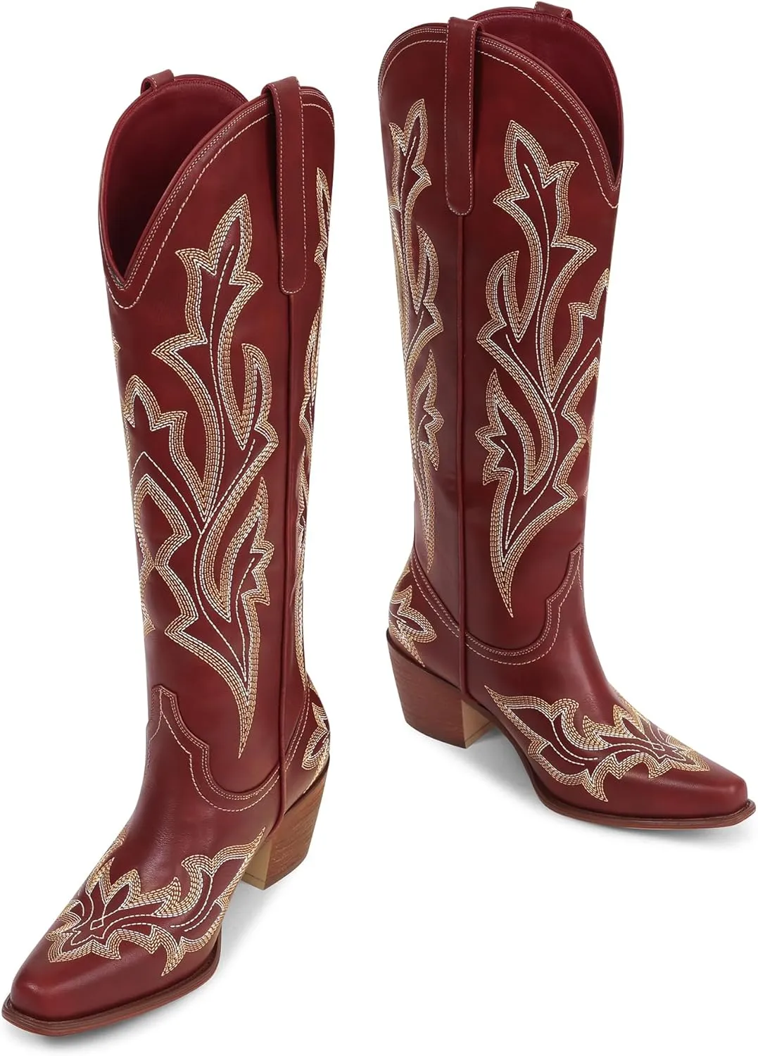 MUCCCUTE Cowboy Boots for Women Western Cowgirl Boots Knee High Pointed Toe Chunky Heels Embroidered Pull On Country Tall Boots
