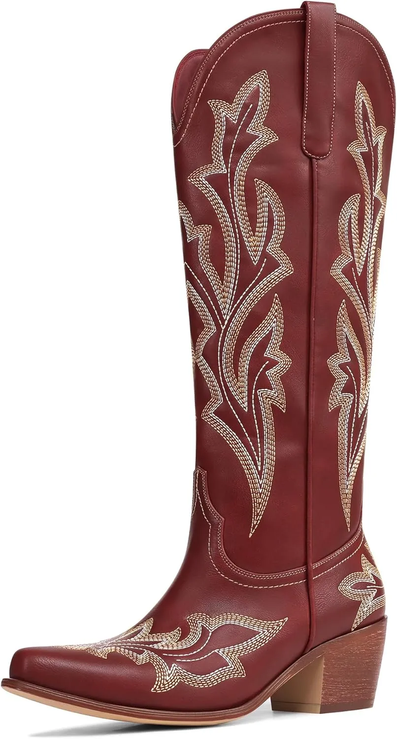 MUCCCUTE Cowboy Boots for Women Western Cowgirl Boots Knee High Pointed Toe Chunky Heels Embroidered Pull On Country Tall Boots