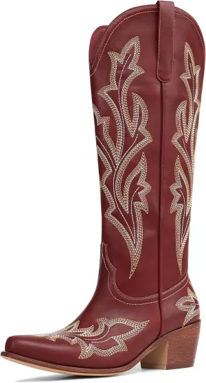 MUCCCUTE Cowboy Boots for Women Western Cowgirl Boots Knee High Pointed Toe Chunky Heels Embroidered Pull On Country Tall Boots