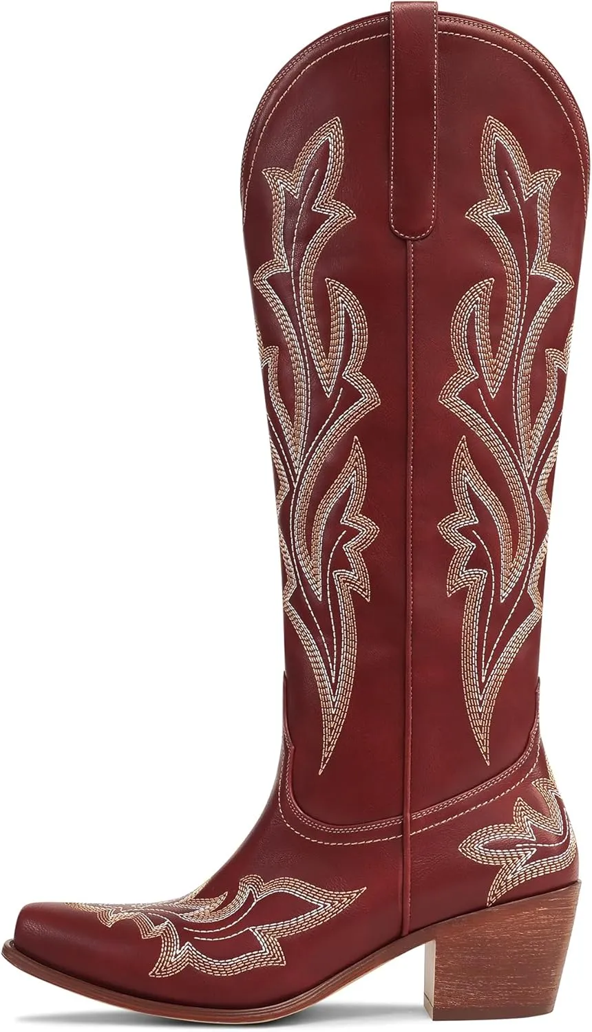 MUCCCUTE Cowboy Boots for Women Western Cowgirl Boots Knee High Pointed Toe Chunky Heels Embroidered Pull On Country Tall Boots