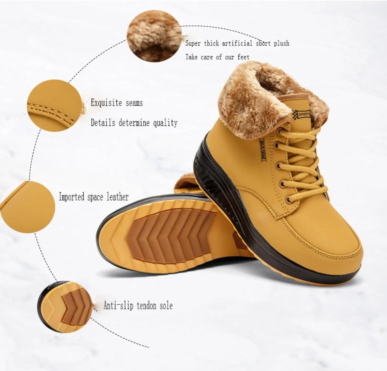 Myallfeet Women's Thermal Fur Lined Thick Sole Rocker Shoes Fashionable, Comfortable, Non-Slip, Warm Winter Sneakers Cotton Thickened Snow Boots