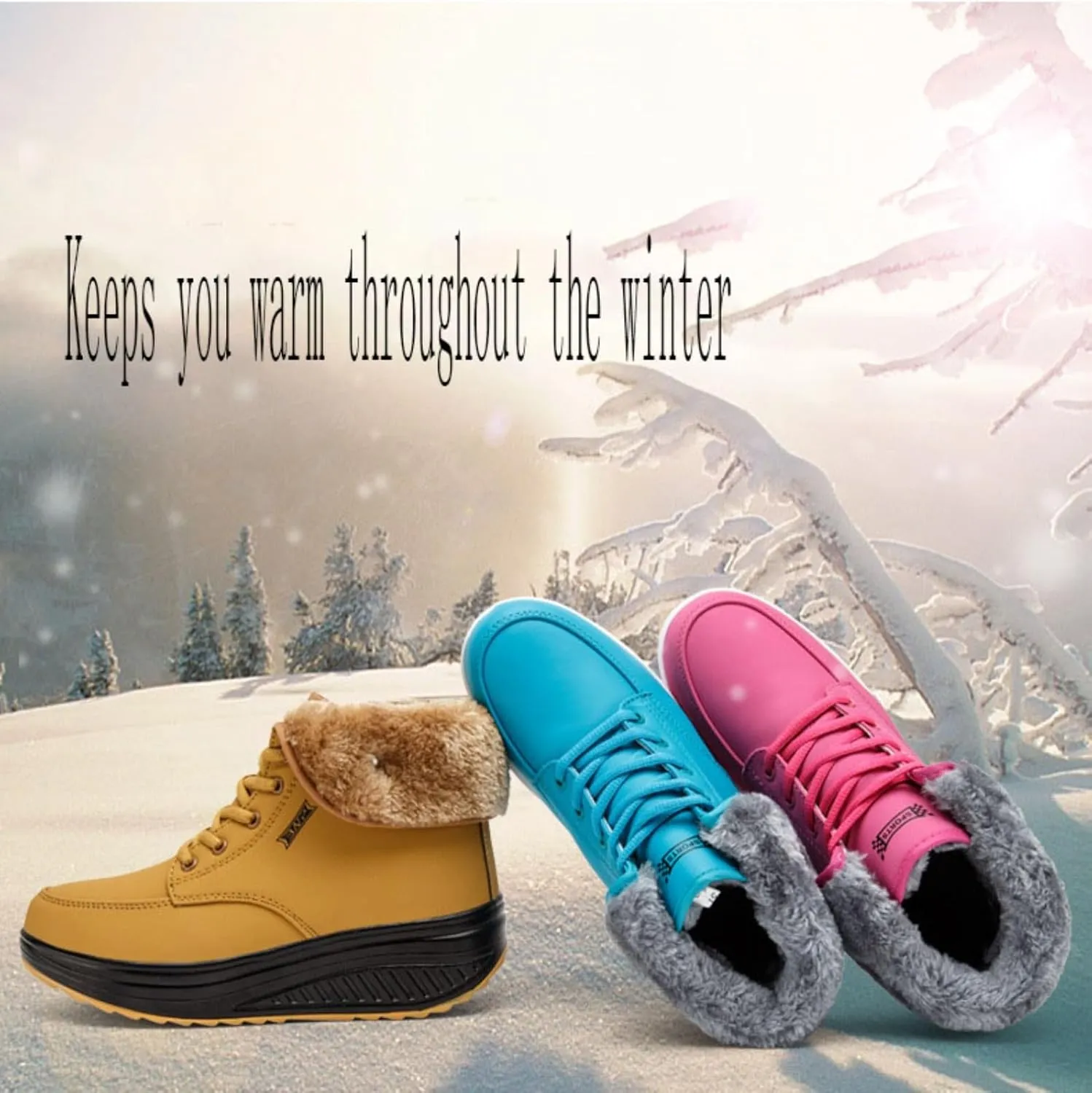 Myallfeet Women's Thermal Fur Lined Thick Sole Rocker Shoes Fashionable, Comfortable, Non-Slip, Warm Winter Sneakers Cotton Thickened Snow Boots