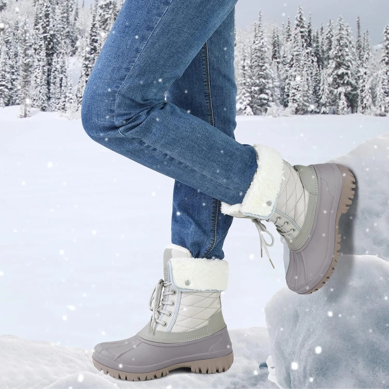 mysoft Women's Waterproof Snow Boots Insulated Warm, Lace-Up Winter Mid Calf Duck Boots for Outdoor