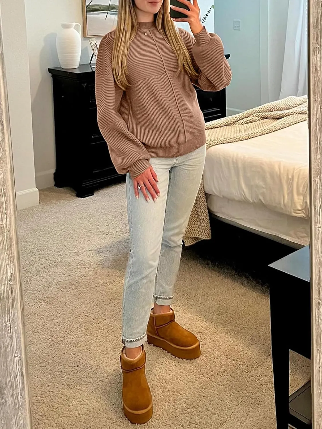 NALANISA Womens Fall Winter Sweaters 2024 Long Sleeve Crewneck Ribbed Knit Chunky Pullover Sweater Tops Fashion Clothes