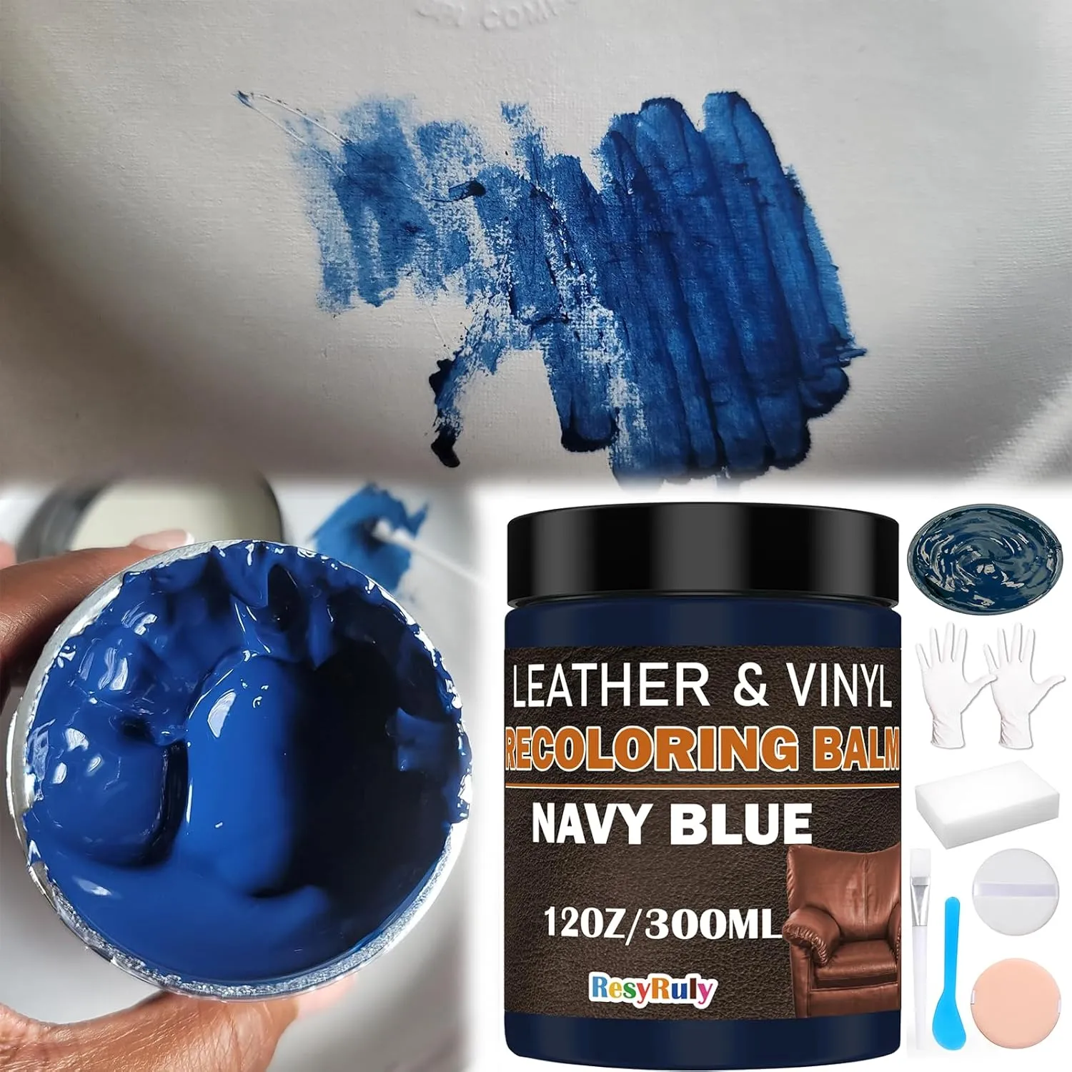 Navy Blue Recoloring Balm Restorer Refinish Liquid Fabric Dye Cream Leather Footwear Sneaker Shoes Boots Jacket Vinyl Paint Boat Car Seats Wood Furniture Couch Stain Remover Fade Scratches Repair