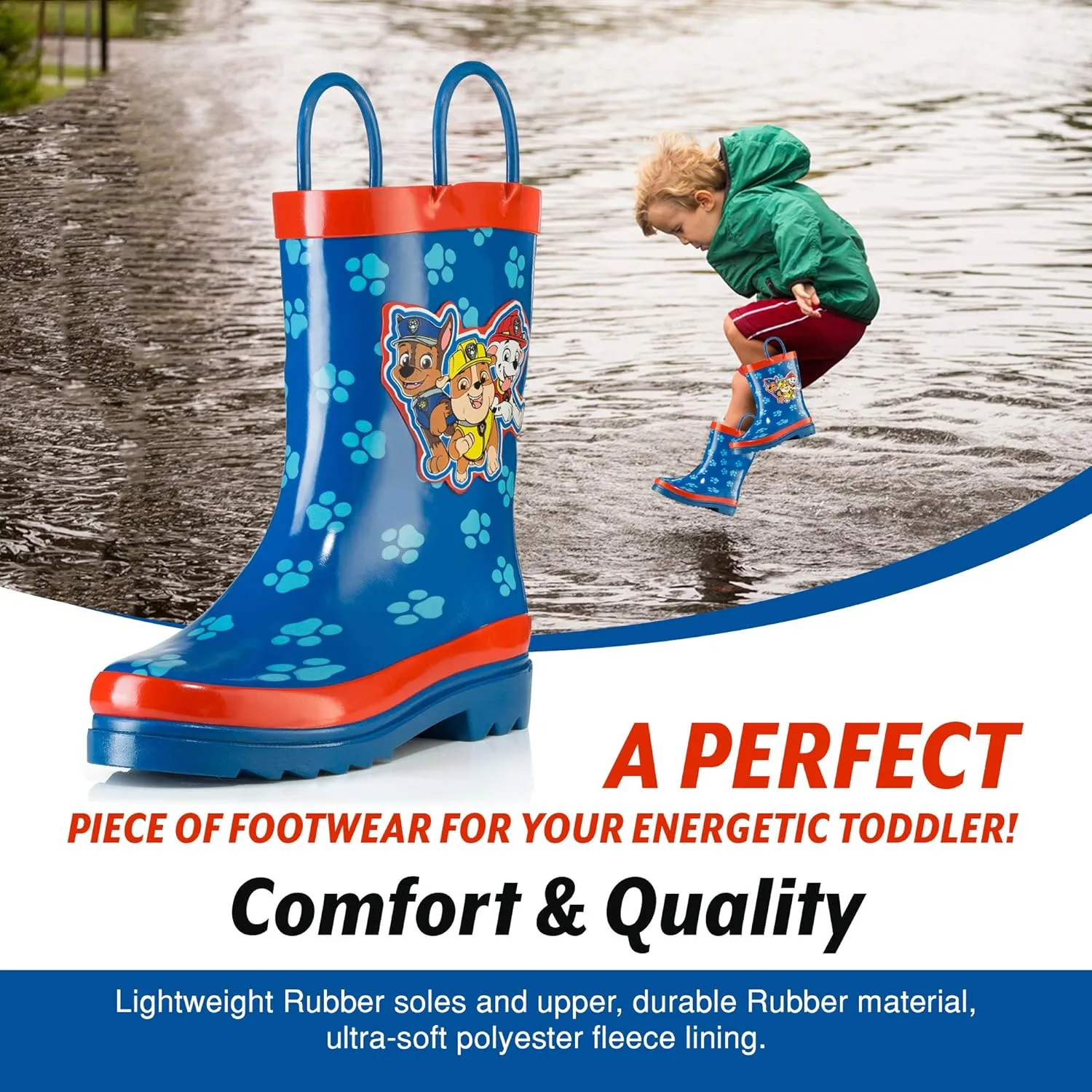 Nickelodeon Kids Boys' Paw Patrol Character Printed Waterproof Easy-On Rubber Rain Boots (Toddler/Little Kids)