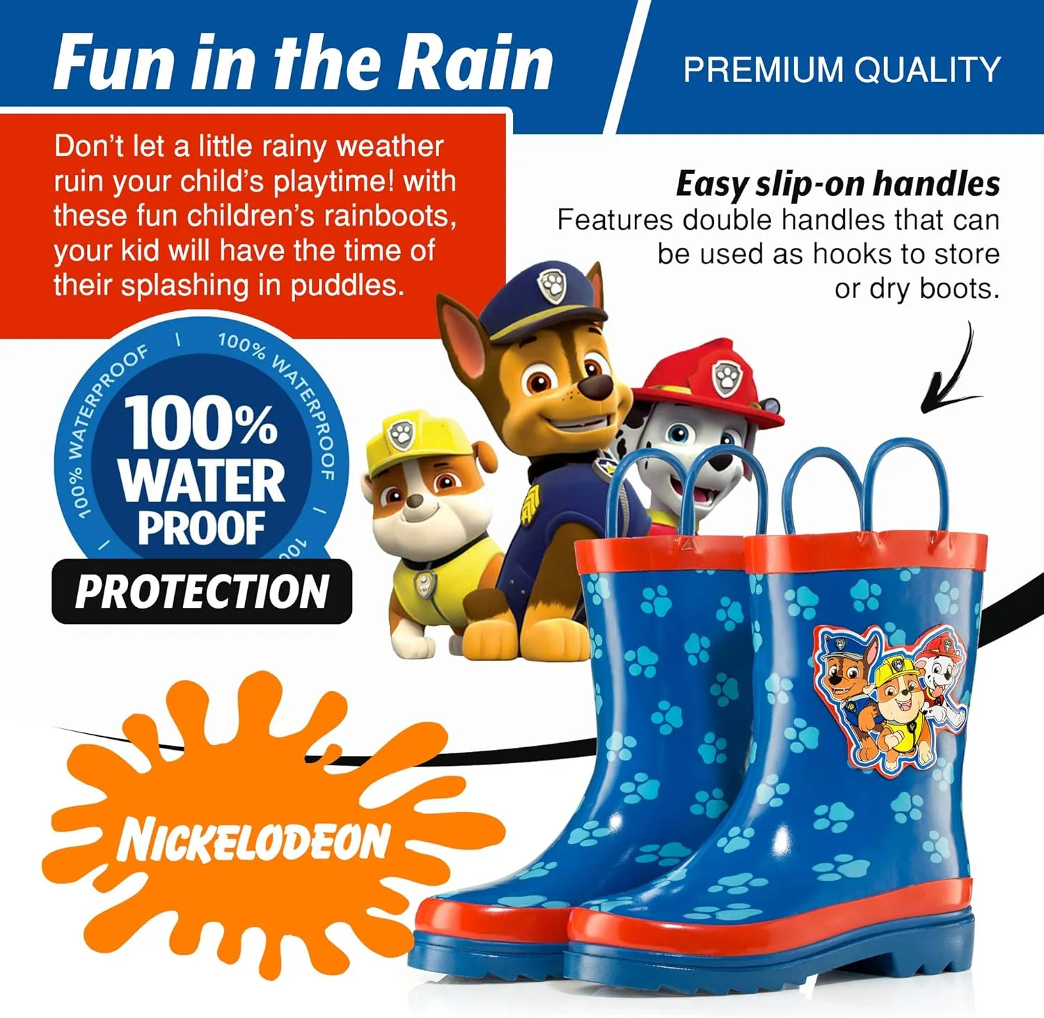 Nickelodeon Kids Boys' Paw Patrol Character Printed Waterproof Easy-On Rubber Rain Boots (Toddler/Little Kids)