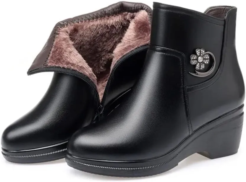 Niiyyjj Womens Genuine Leather Platform Boots Mother Wedge Boots Thick Wool Lined Ankle Boots